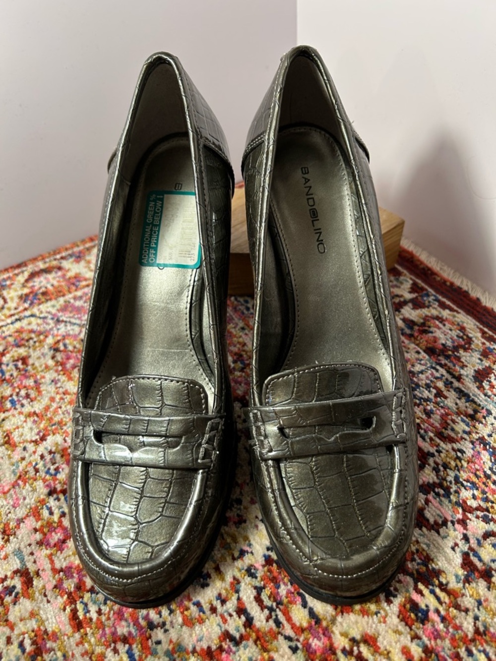 Bandolino Metallic Silver Croc-Embossed Heeled Loafers